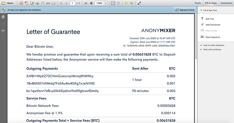 Screenshot of a Signed PDF Document, with CryptoMixer's Signing Certificate that's not yet trusted
